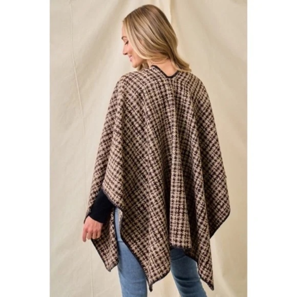 Mocha Brown Houndstooth Knit Shawl Open Poncho Wrap Casual Fall Winter One Size - Picture 4 of 6
